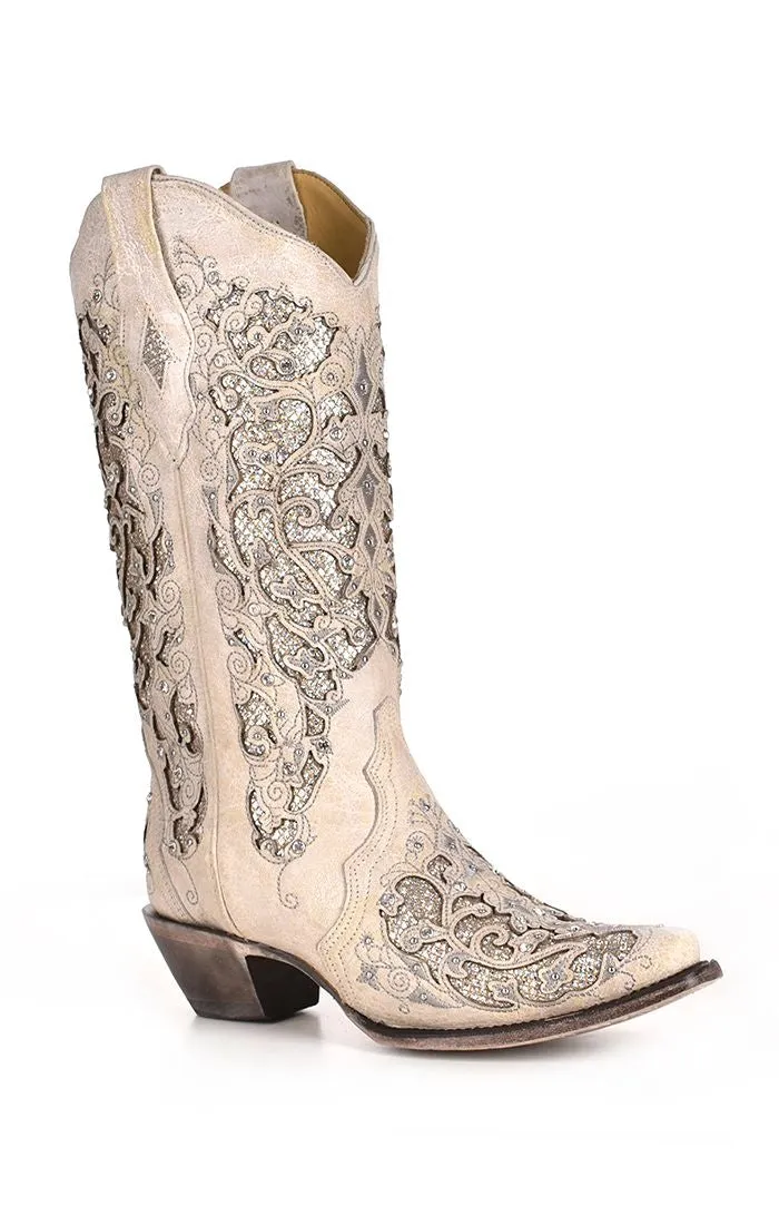 A3322 - Corral white western cowgirl wedding leather boots for women