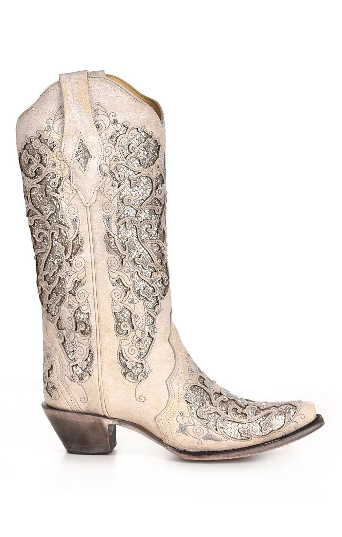 A3322 - Corral white western cowgirl wedding leather boots for women