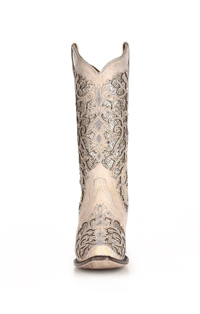 A3322 - Corral white western cowgirl wedding leather boots for women