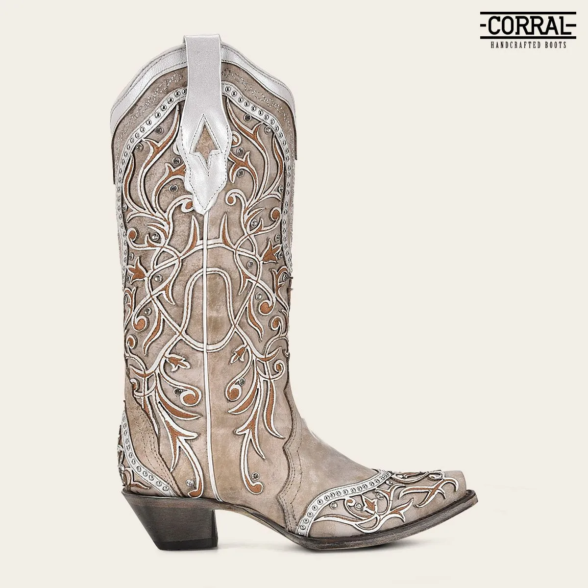 A3837 - Corral white cowgirl western leather floral inlay boots for women