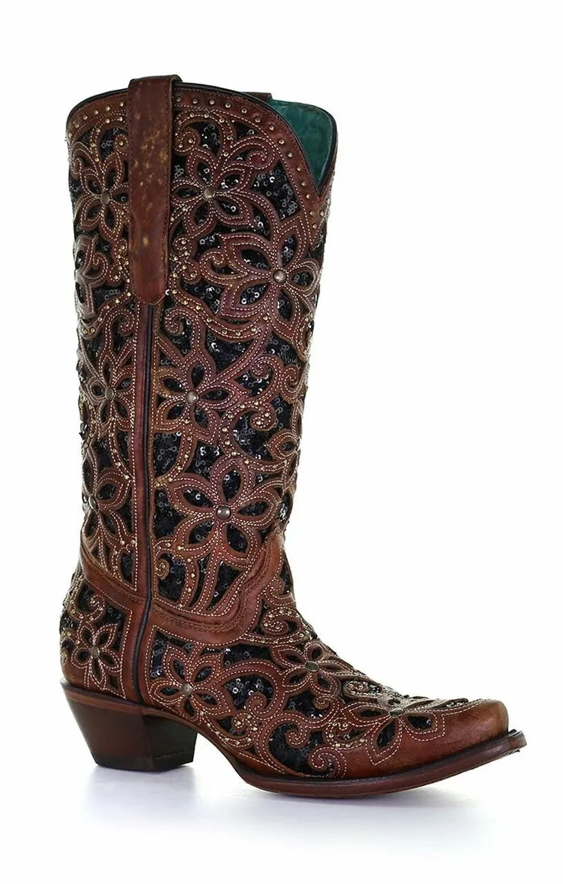 A4083 - Corral tan/black western cowgirl leather boots for women