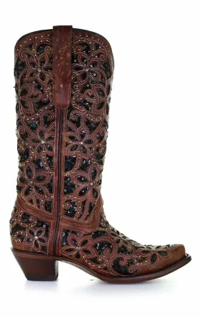 A4083 - Corral tan/black western cowgirl leather boots for women