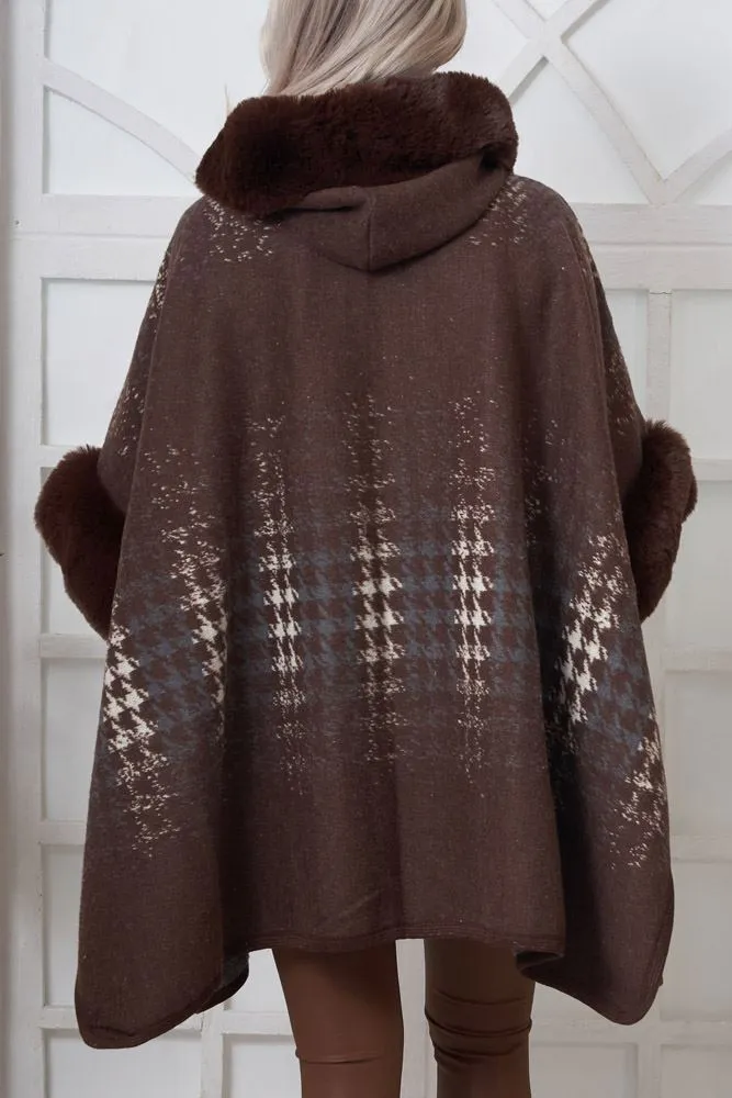 Abstract Dogtooth Pattern Faux Fur Hooded Poncho