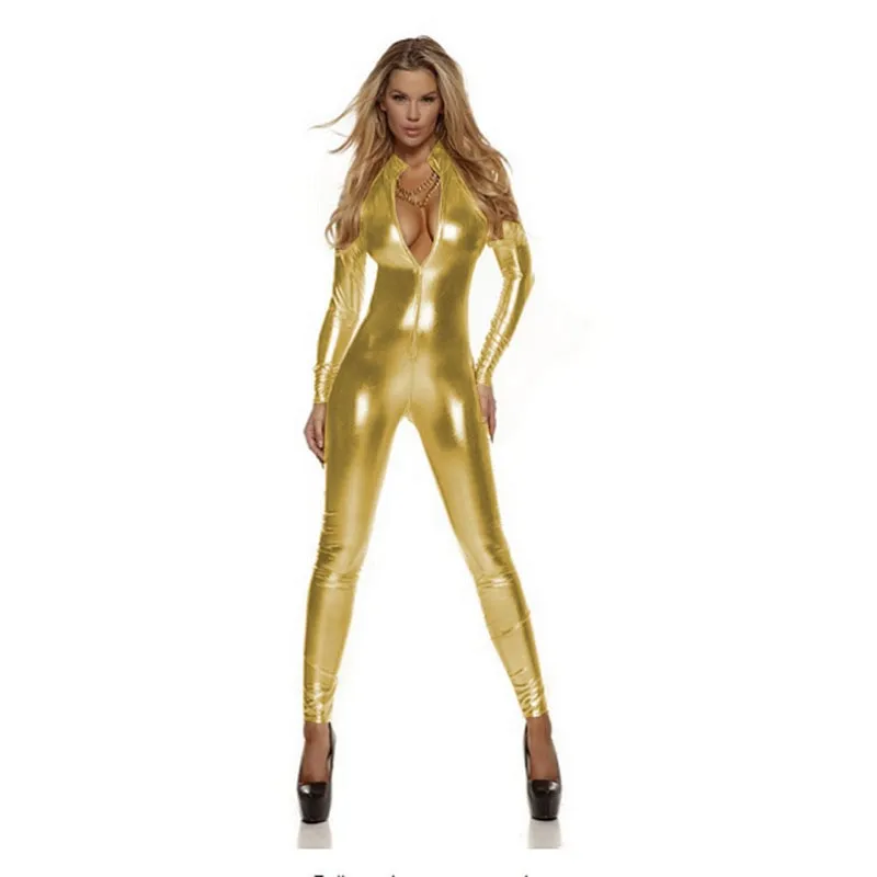 Ashore Shop Long Sleeve  Women Zipper High Neck Stretchy Jumpsuit Sexy Shiny Metallic Catsuit Pole Dancing Clubwear Halloween Costume