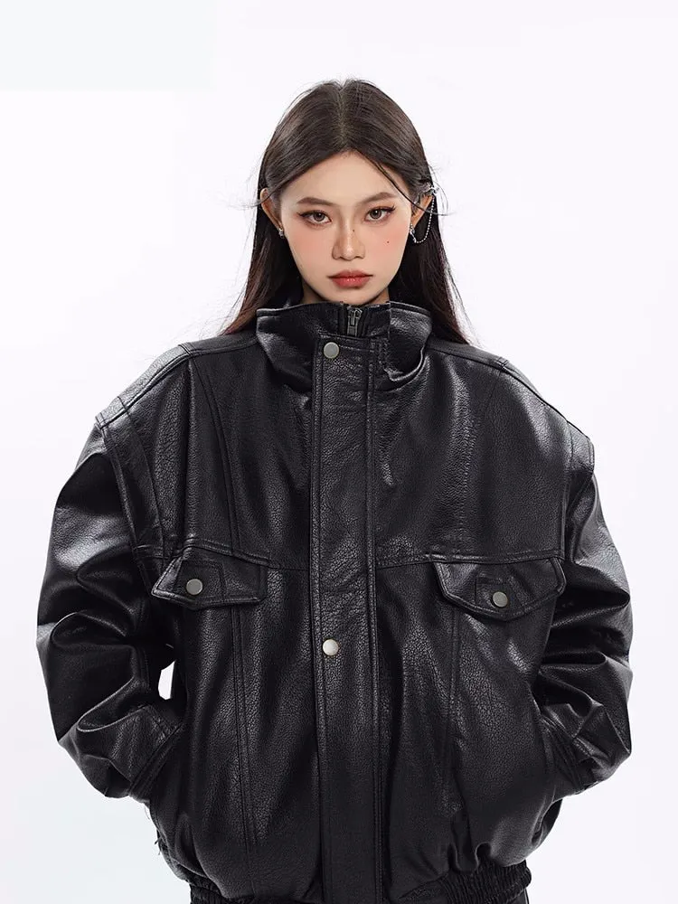 Ashore Shop Spring Autumn Oversized Cool Windproof Thick Black Pu Leather Jacket Women Zip Up Luxury Designer Unisex Clothes 2023