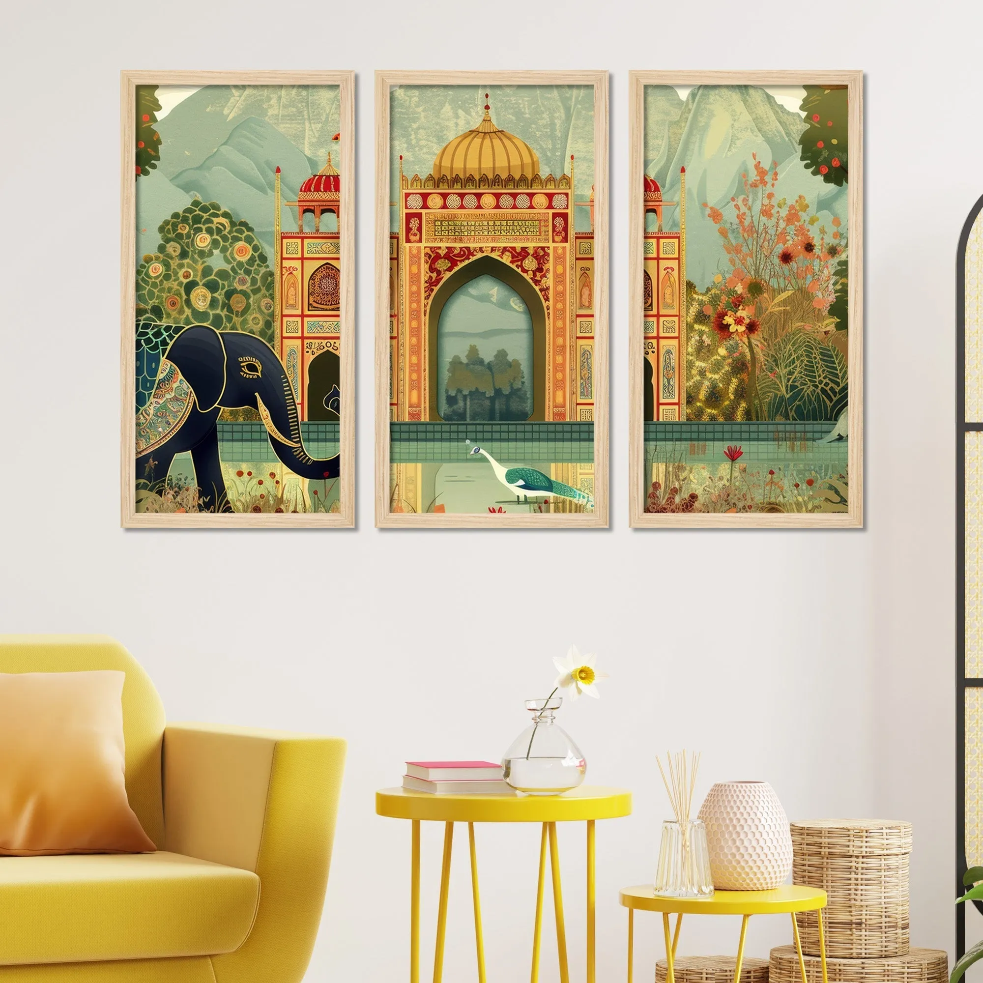 Beautiful Mughal Garden with Elephants Peacocks Art Wooden Wall Frame Set of Three