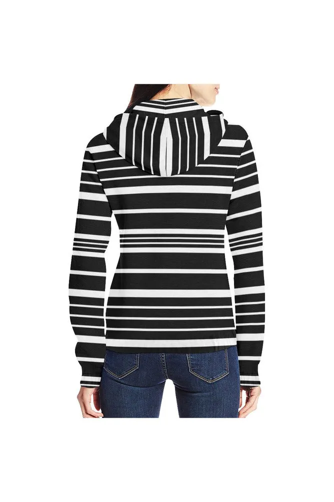 Black and White Striped Full Zip Hoodie for Women