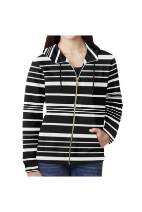 Black and White Striped Full Zip Hoodie for Women