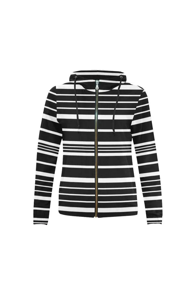 Black and White Striped Full Zip Hoodie for Women