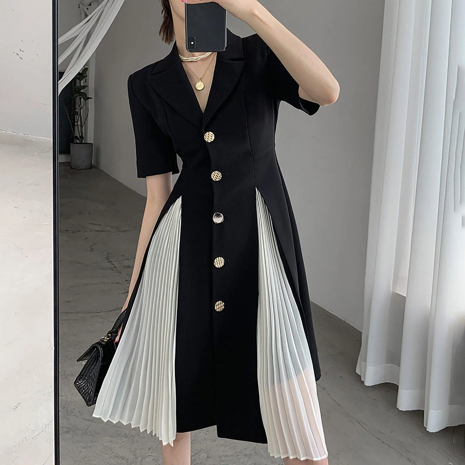 Black Button Notched Collar Jacket Dress