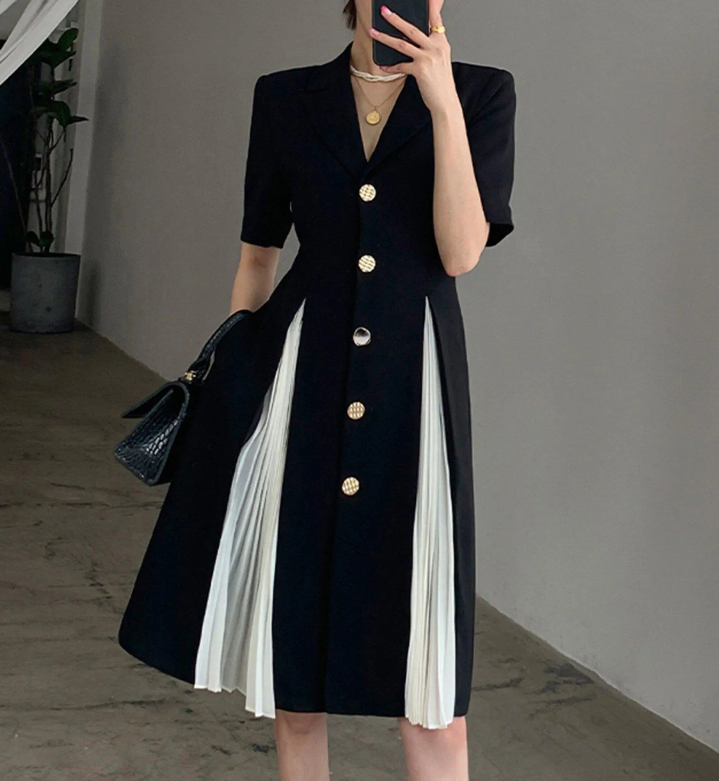 Black Button Notched Collar Jacket Dress