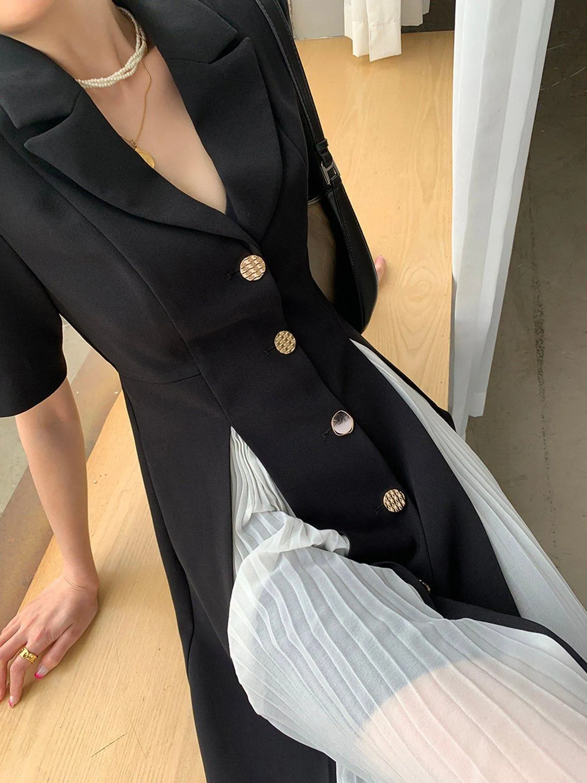 Black Button Notched Collar Jacket Dress