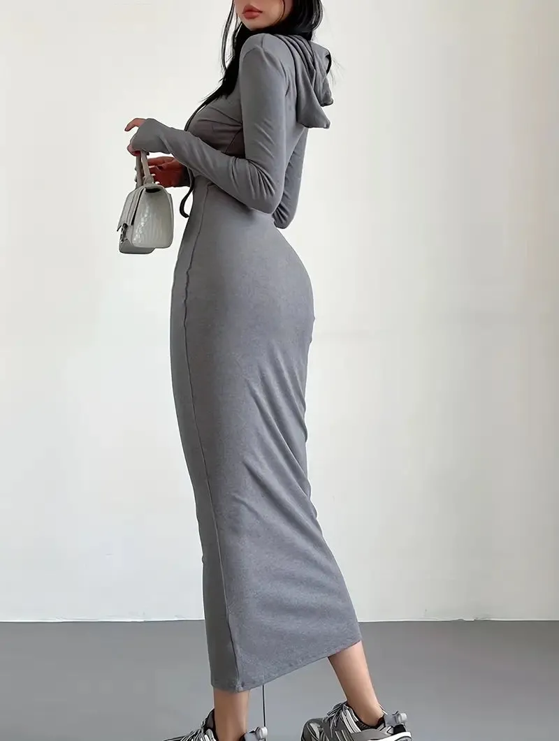 Black Casual Long Sleeve Drawstring Hooded Bodycon Dress