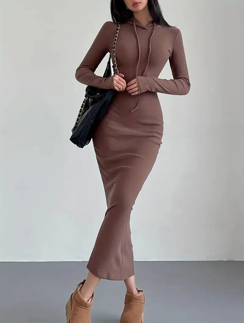 Black Casual Long Sleeve Drawstring Hooded Bodycon Dress