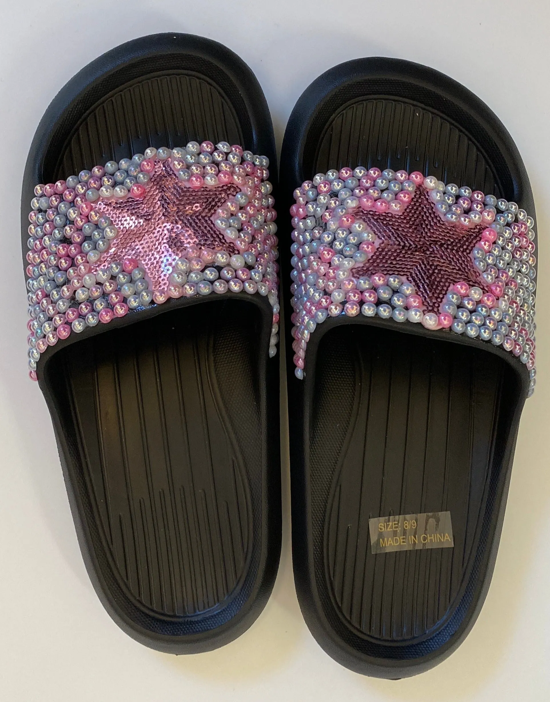 BLACK SLIP ON SLIDES WITH GRAPHICS PINK STAR