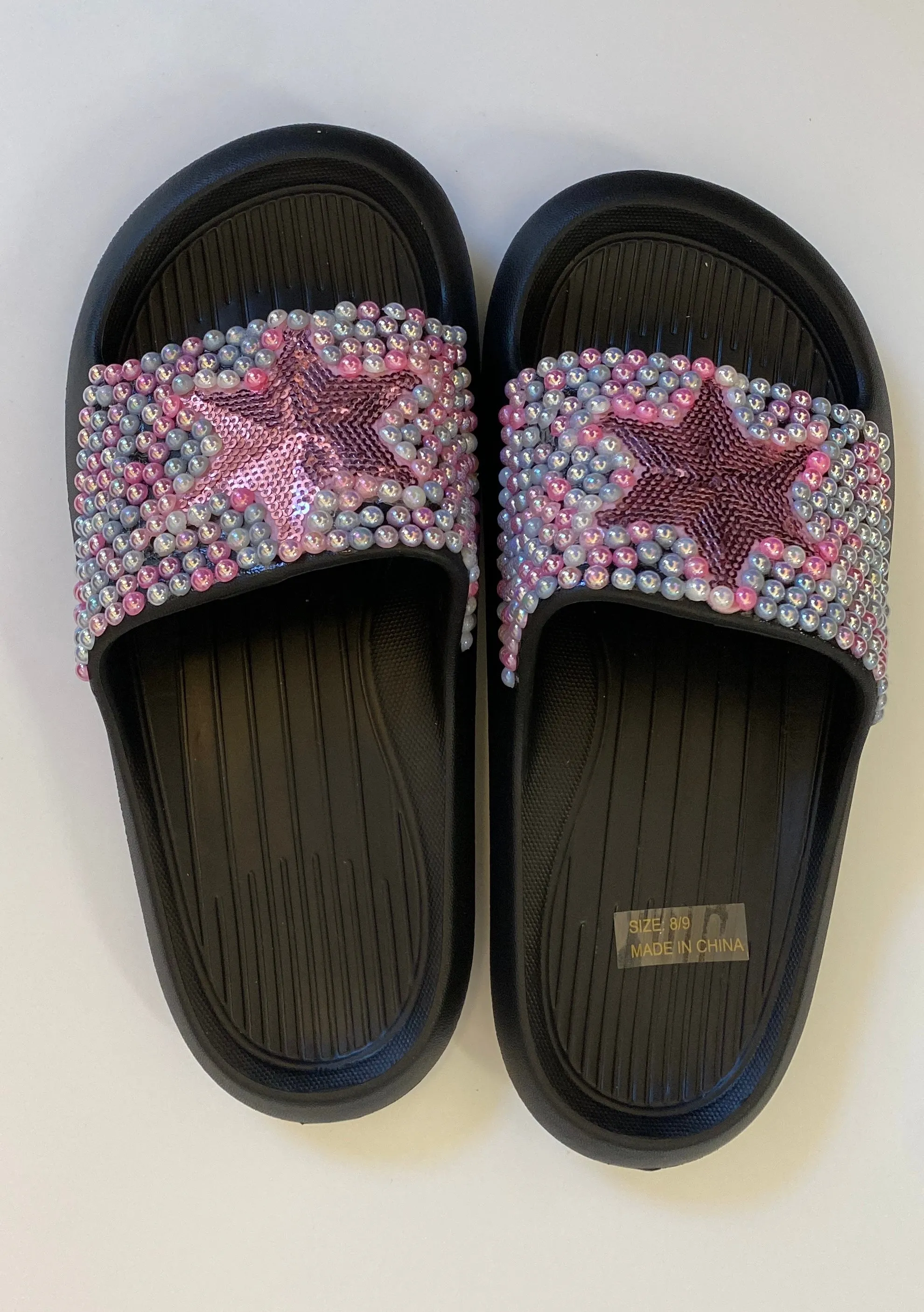 BLACK SLIP ON SLIDES WITH GRAPHICS PINK STAR