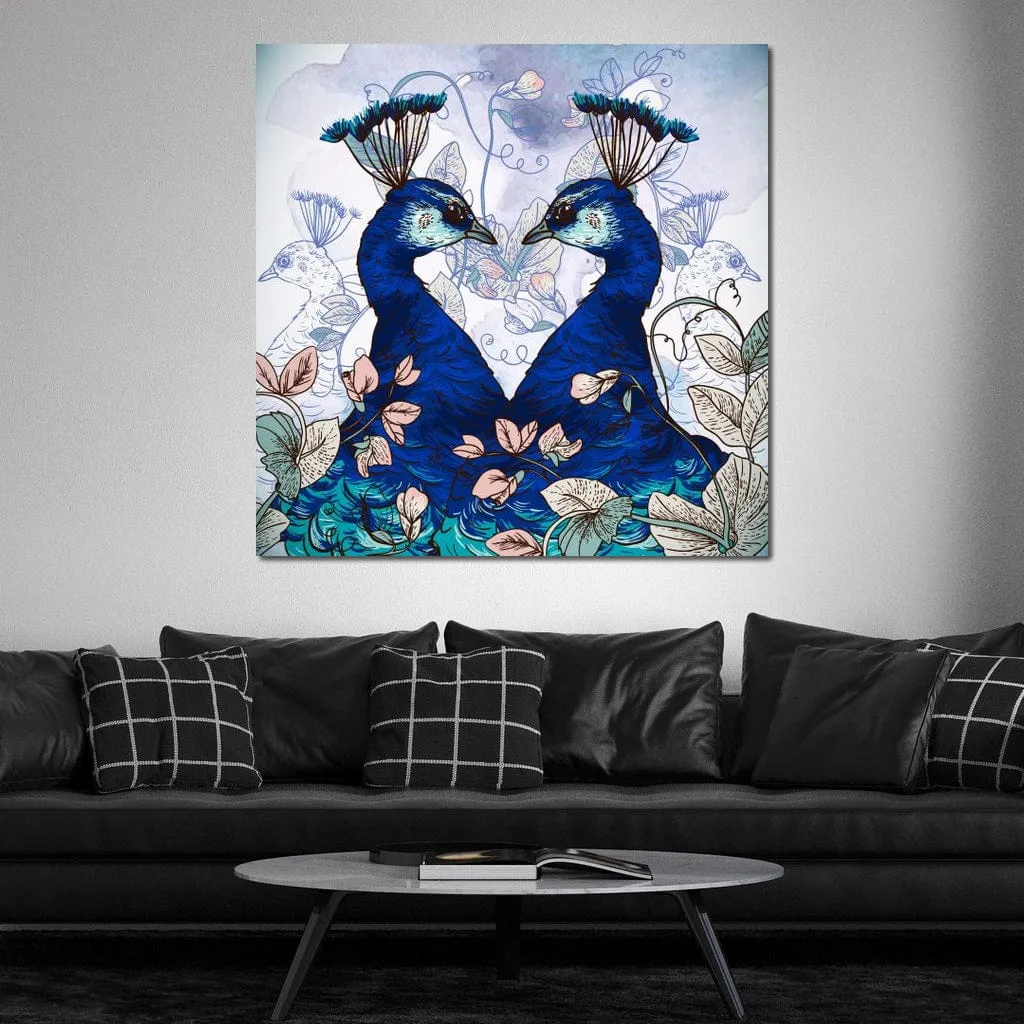 Blue Floral Peacocks