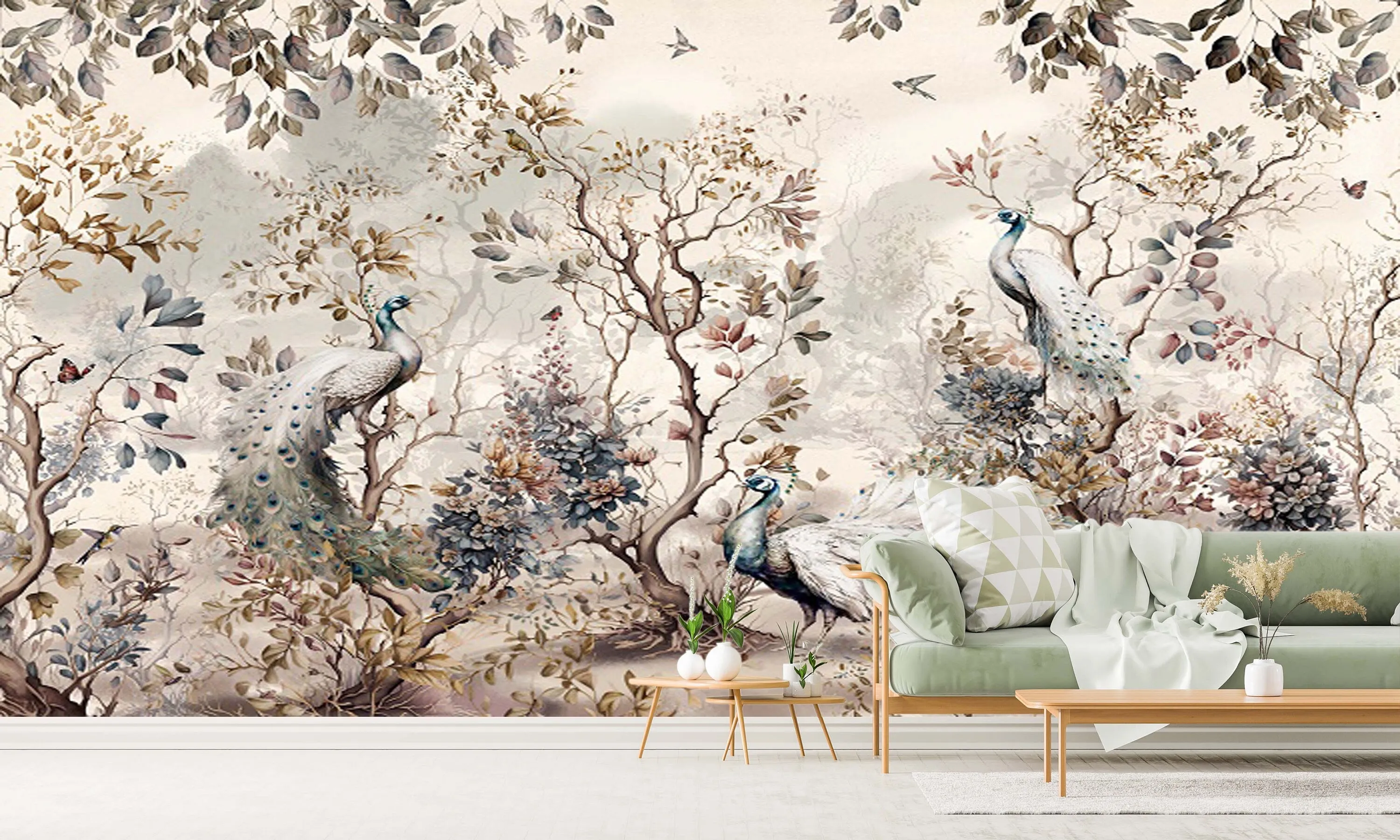 Botanical self adhesive wallpaper, peel and stick wall mural with peacocks, large accentual nature wallpaper, removable canvas wall mural