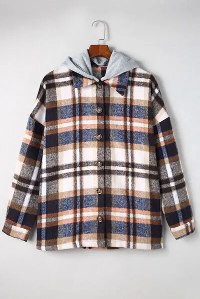 Button Up Plaid Hooded Jacket