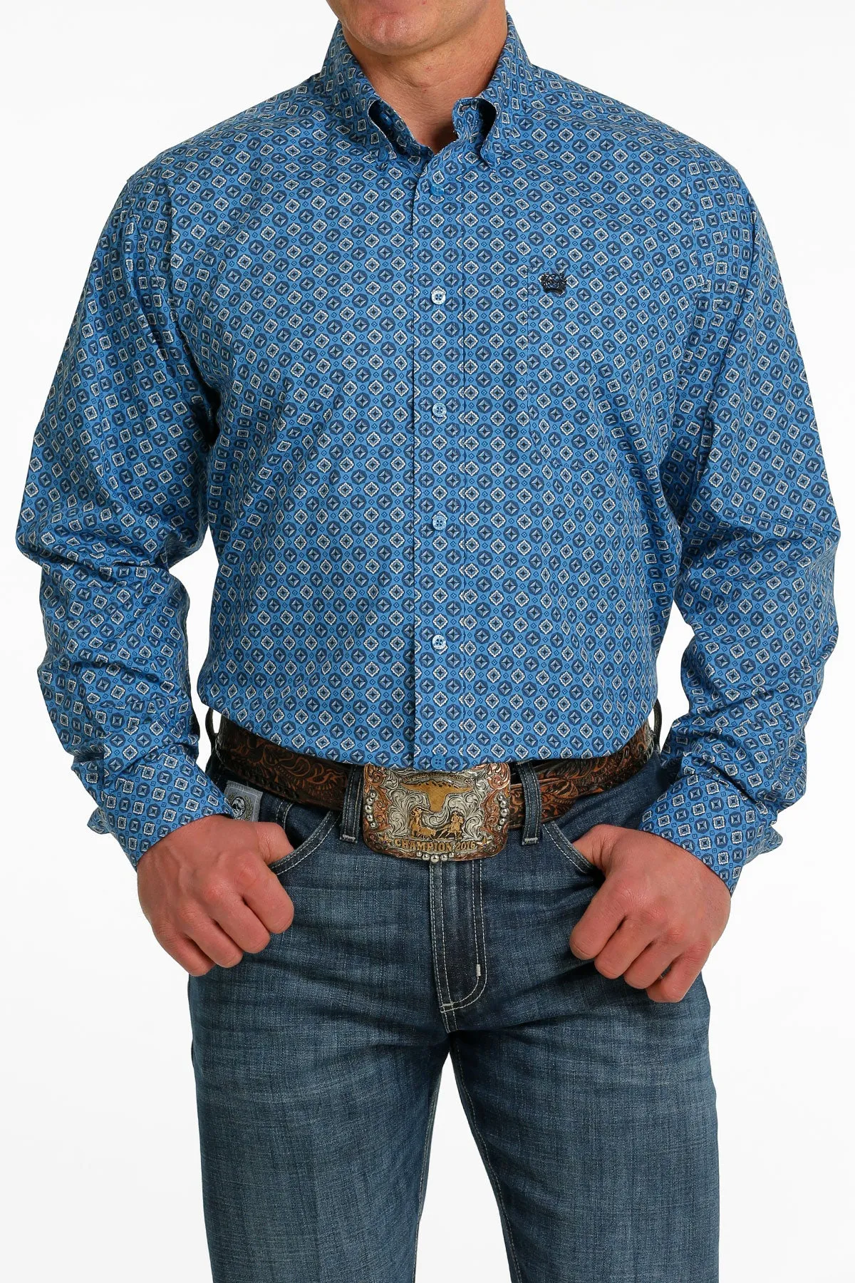 'Cinch' Men's Geo Print Classic Fit Button Down - Light Blue