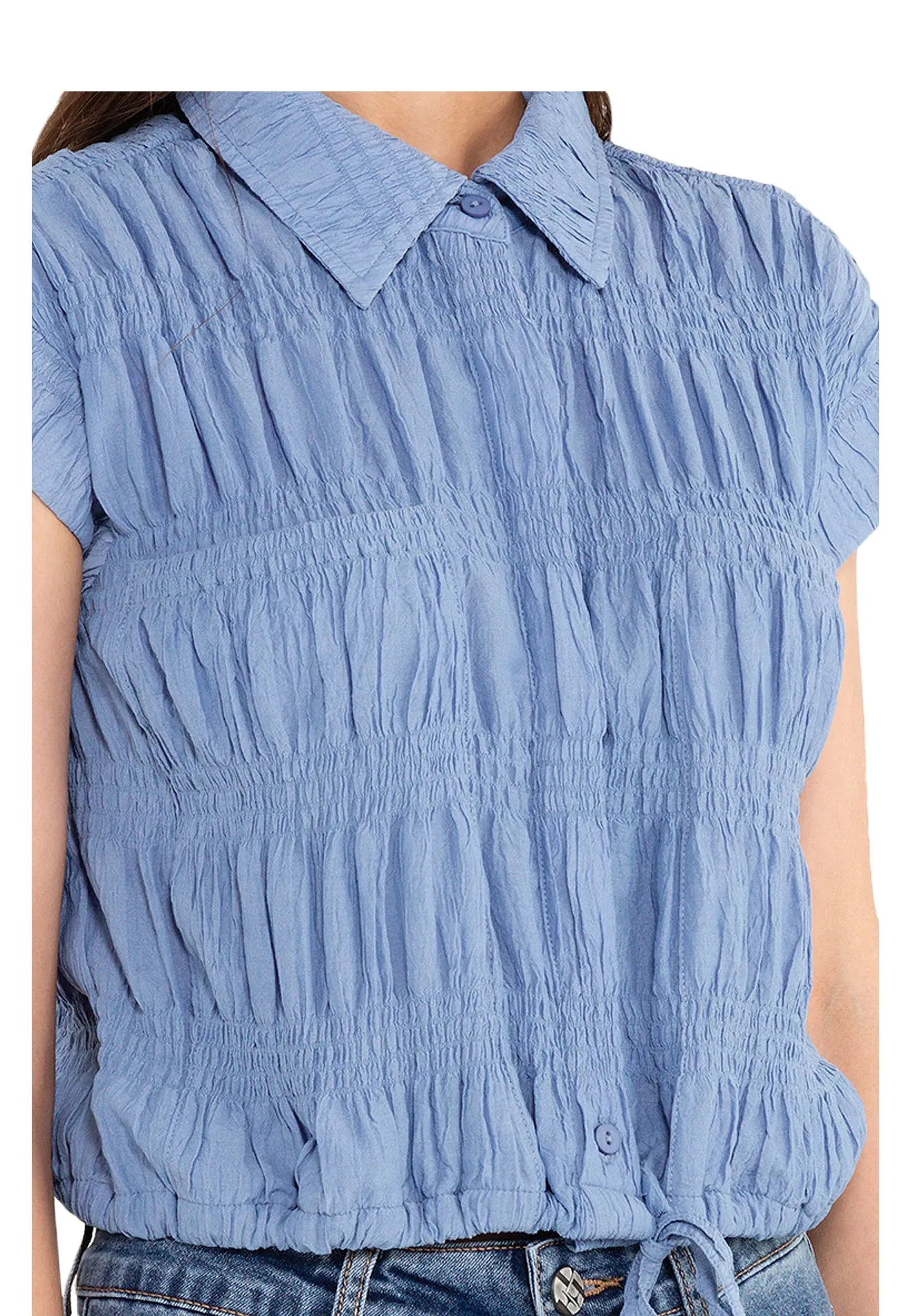 ELLE Apparel Button Front Crop Ruched Blouse