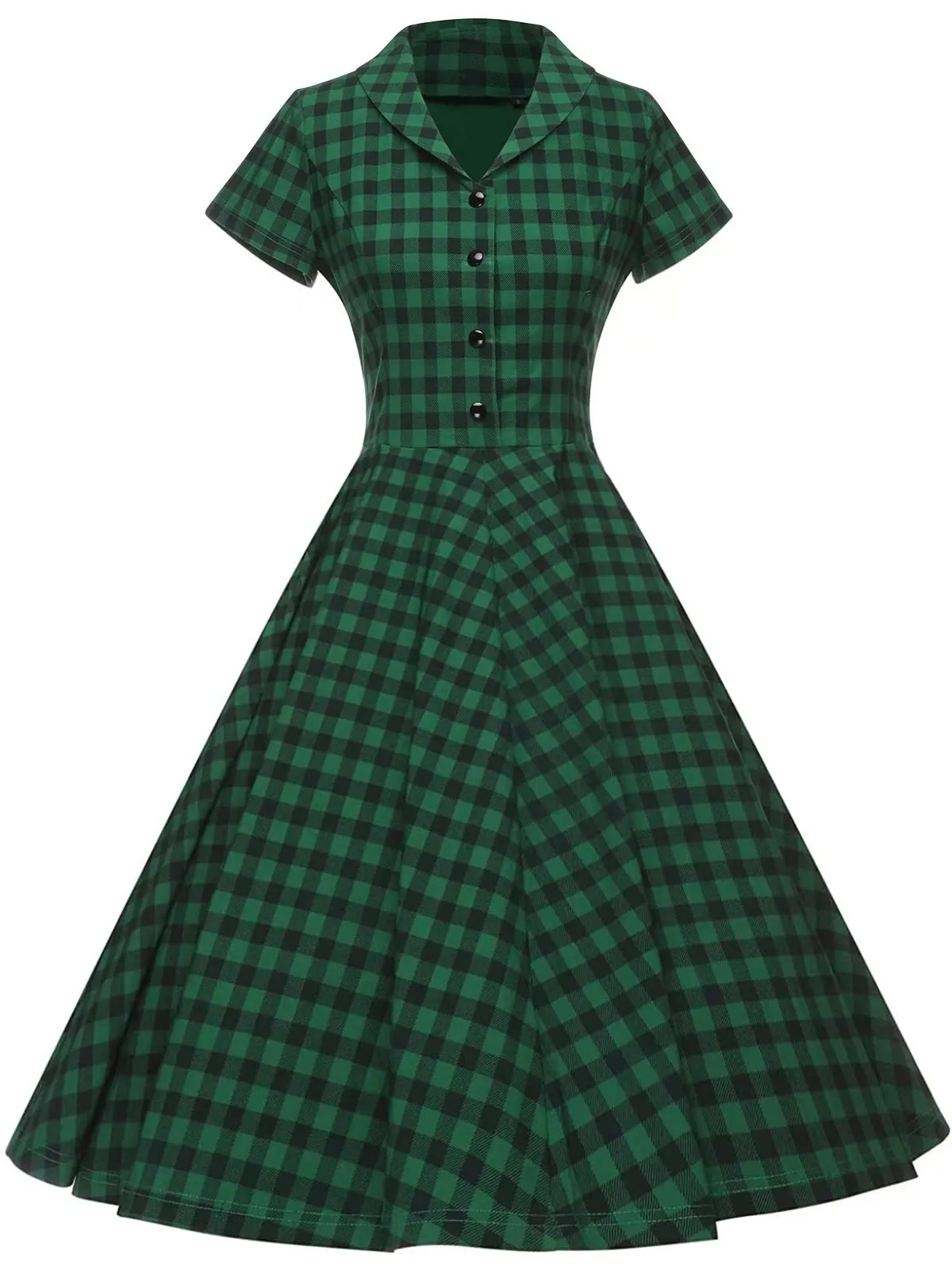 Green 1950s Plaid Button Swing Dress