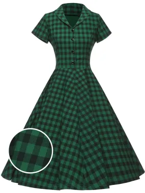 Green 1950s Plaid Button Swing Dress