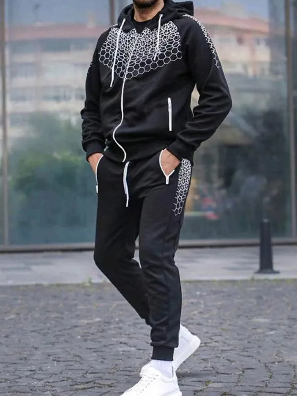 Honeycomb Print Zipper Hooded Men Tracksuit