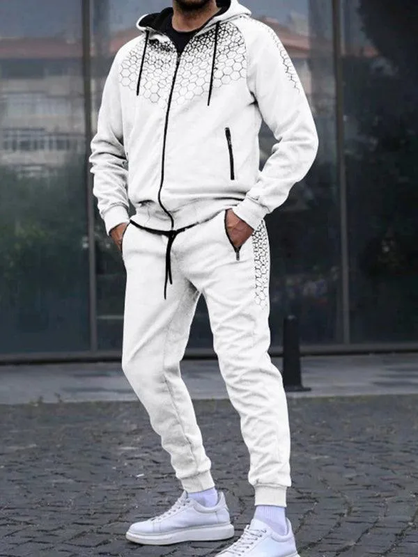 Honeycomb Print Zipper Hooded Men Tracksuit