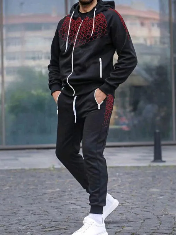 Honeycomb Print Zipper Hooded Men Tracksuit