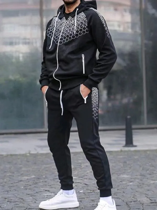 Honeycomb Print Zipper Hooded Men Tracksuit