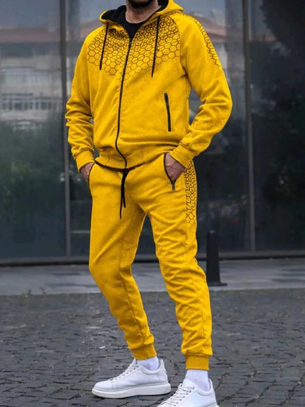 Honeycomb Print Zipper Hooded Men Tracksuit