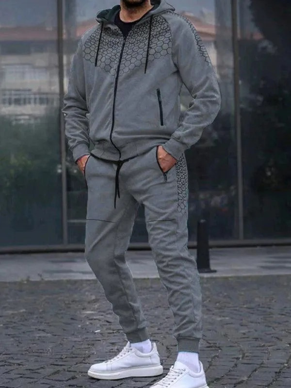 Honeycomb Print Zipper Hooded Men Tracksuit