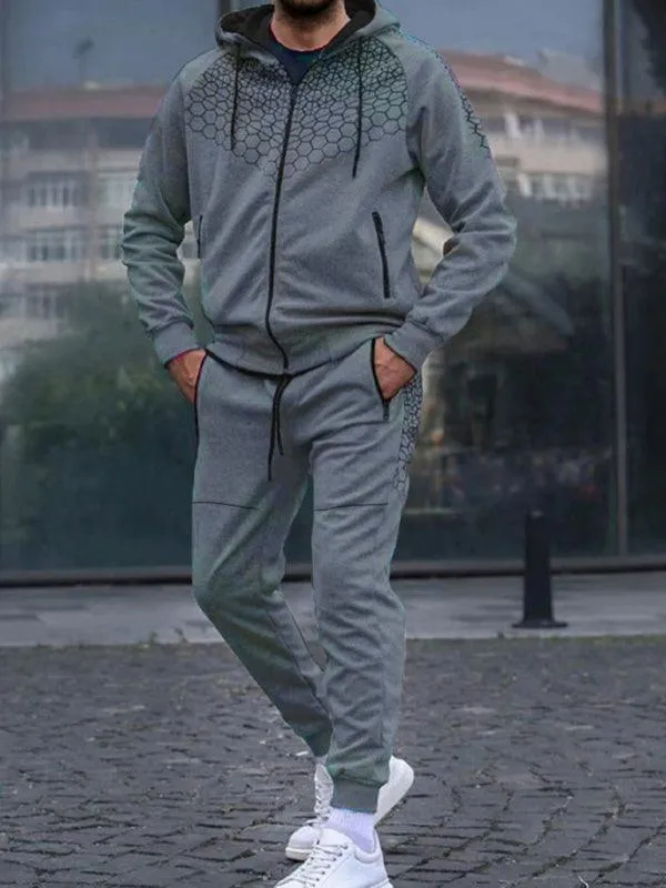 Honeycomb Print Zipper Hooded Men Tracksuit