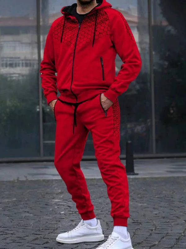 Honeycomb Print Zipper Hooded Men Tracksuit