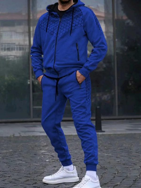 Honeycomb Print Zipper Hooded Men Tracksuit