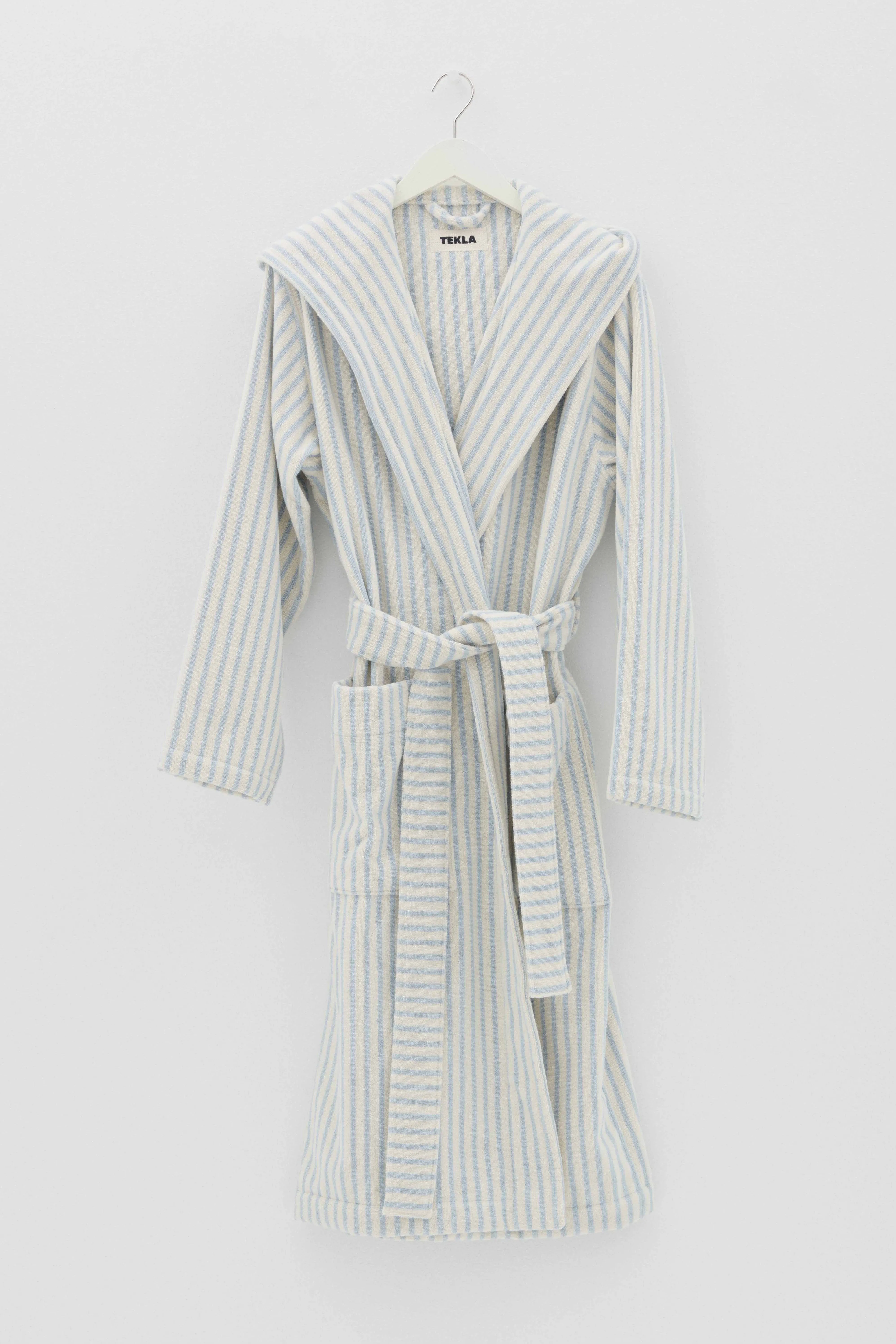 Hooded Bathrobe Soft Blue Stripe