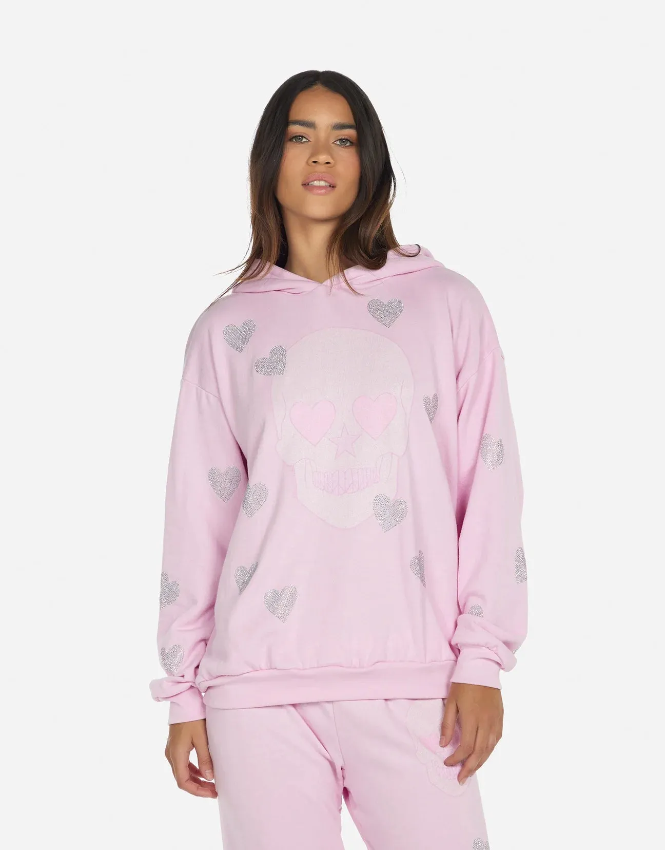 Lauren Moshi Harmony Crystal Pink Peace Love Skull Hooded Sweater