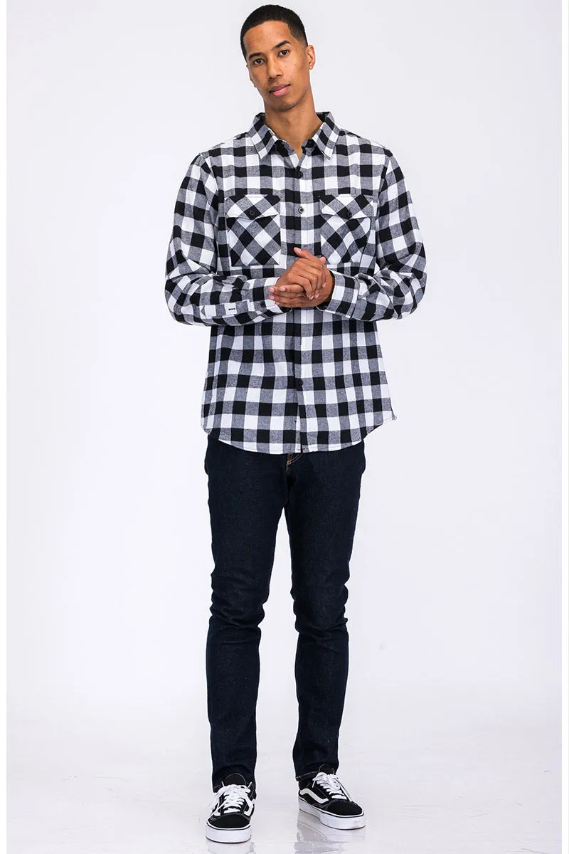 Long Sleeve Checkered Plaid Brushed Flannel