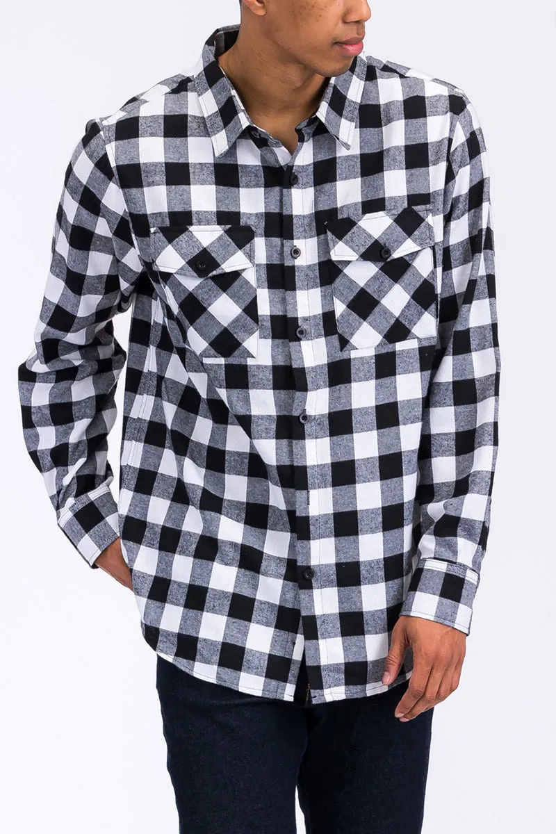 Long Sleeve Checkered Plaid Brushed Flannel