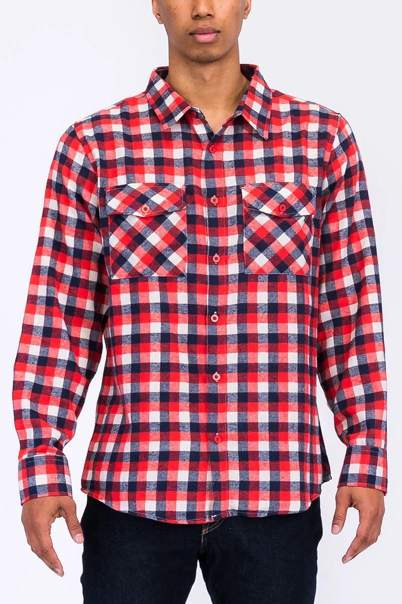 Long Sleeve Checkered Plaid Brushed Flannel