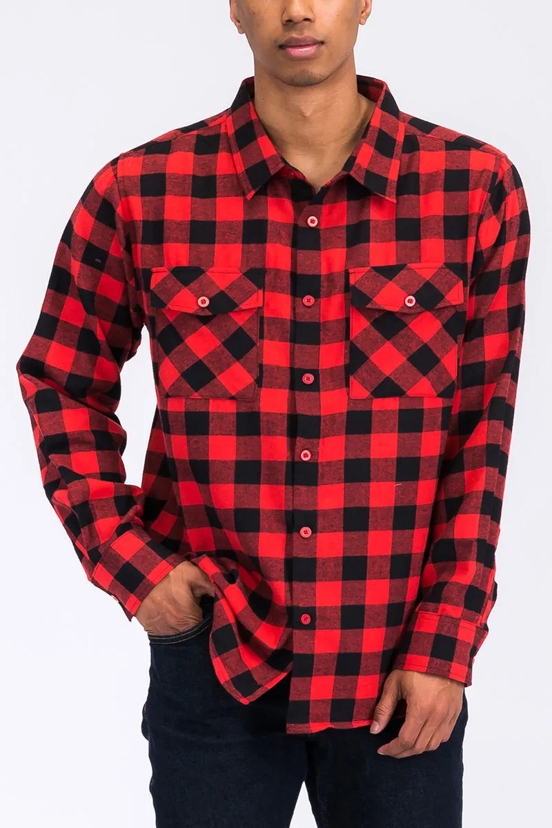 Long Sleeve Checkered Plaid Brushed Flannel