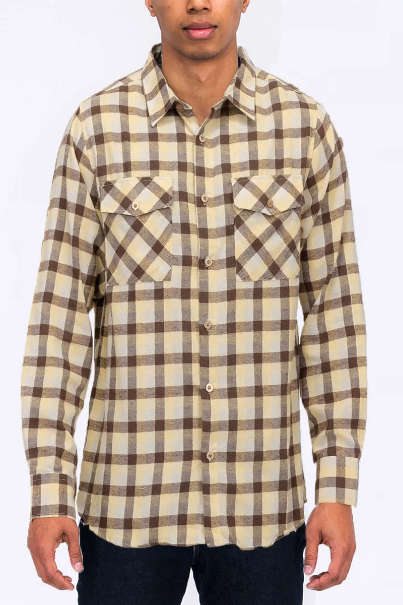 Long Sleeve Checkered Plaid Brushed Flannel