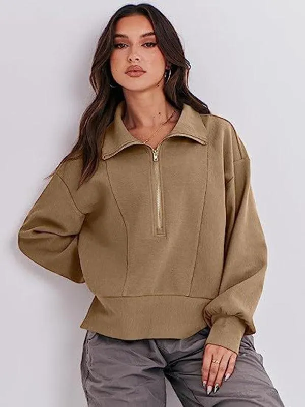 Loose Zipper Neck Women Sweatshirt