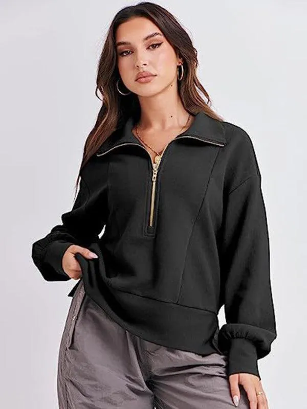 Loose Zipper Neck Women Sweatshirt