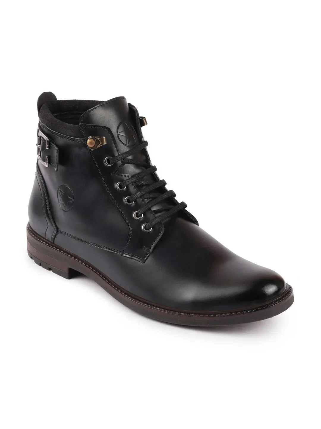 Men Black High Ankle Buckle Boots