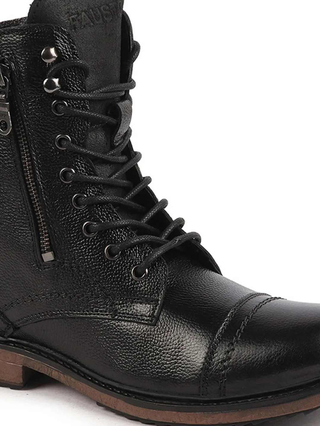 Men Black High Ankle Genuine Leather Hook and 7-Eye Lace Up Side Zipper Adjustable Buckle Strap Cap Toe Anti Skid Sole Flat Boots