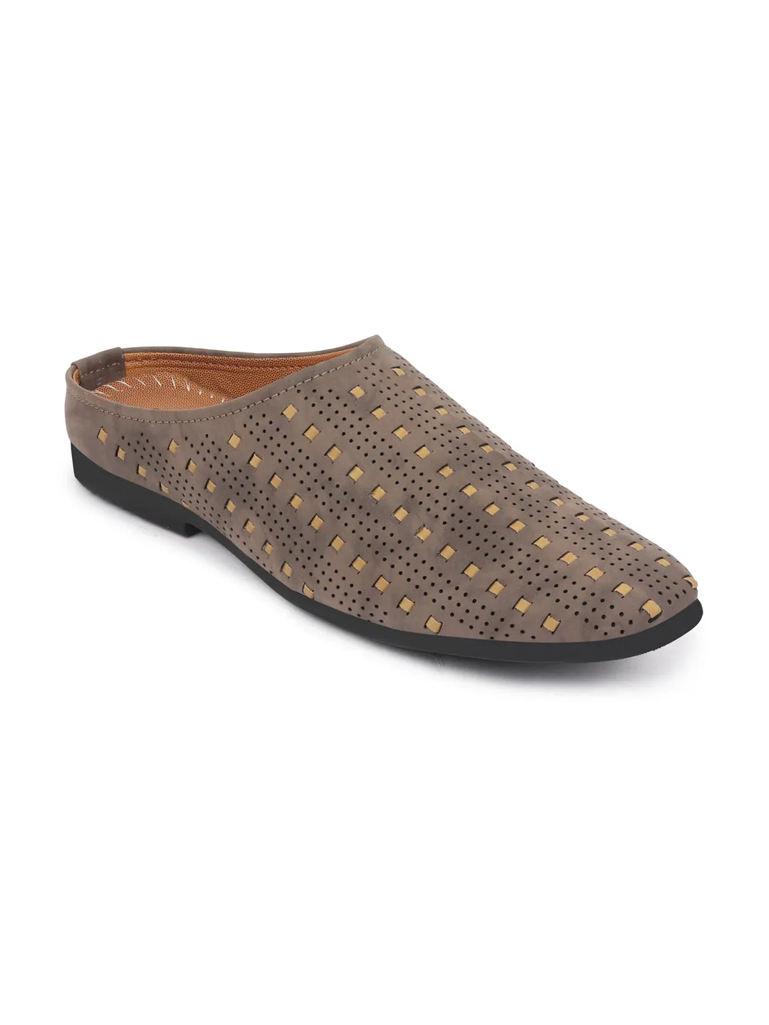 Men Grey Back Open Hand Knitted Ethnic Mules Wedding Shoes