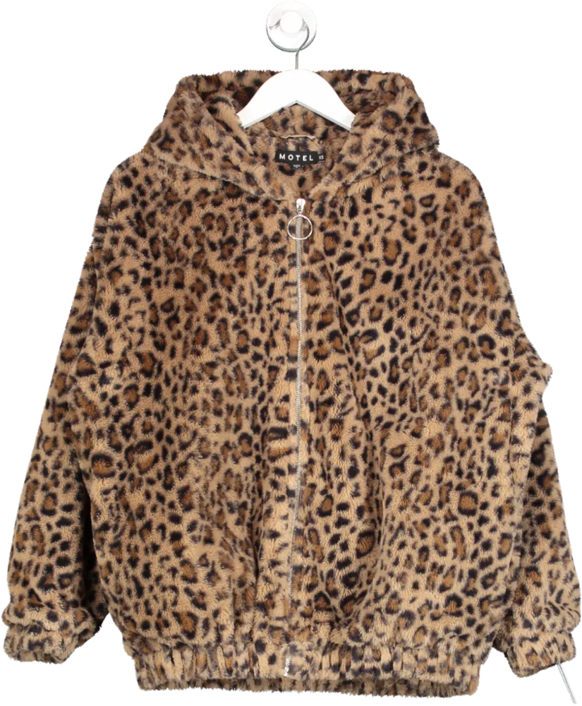 Motel Brown Emmerson Faux Leopard Fur Hooded Jacket UK XS