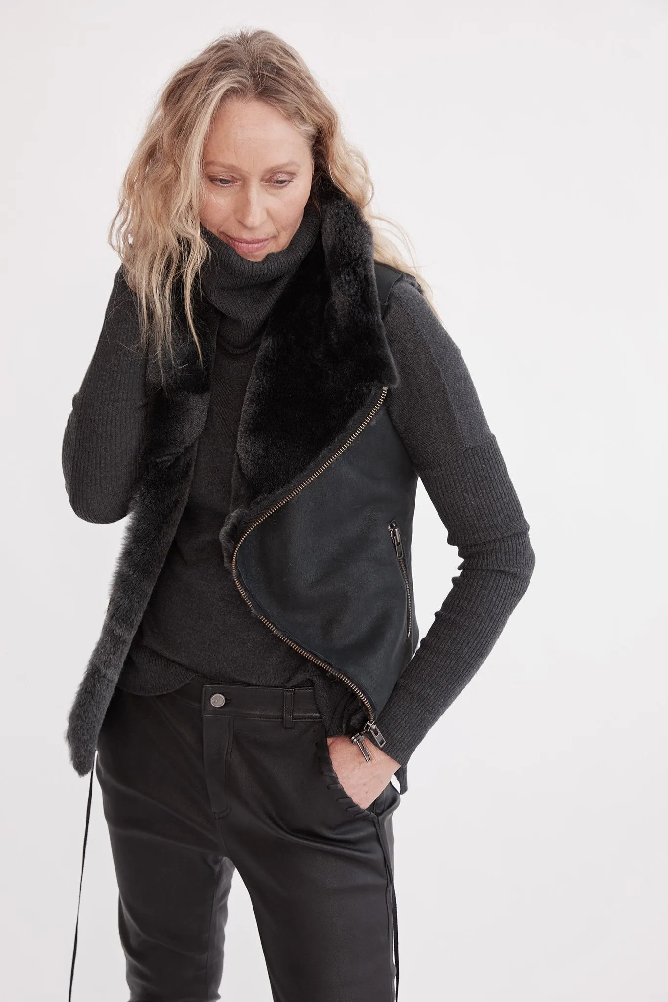 Nolita Drape Vest Black Shearling